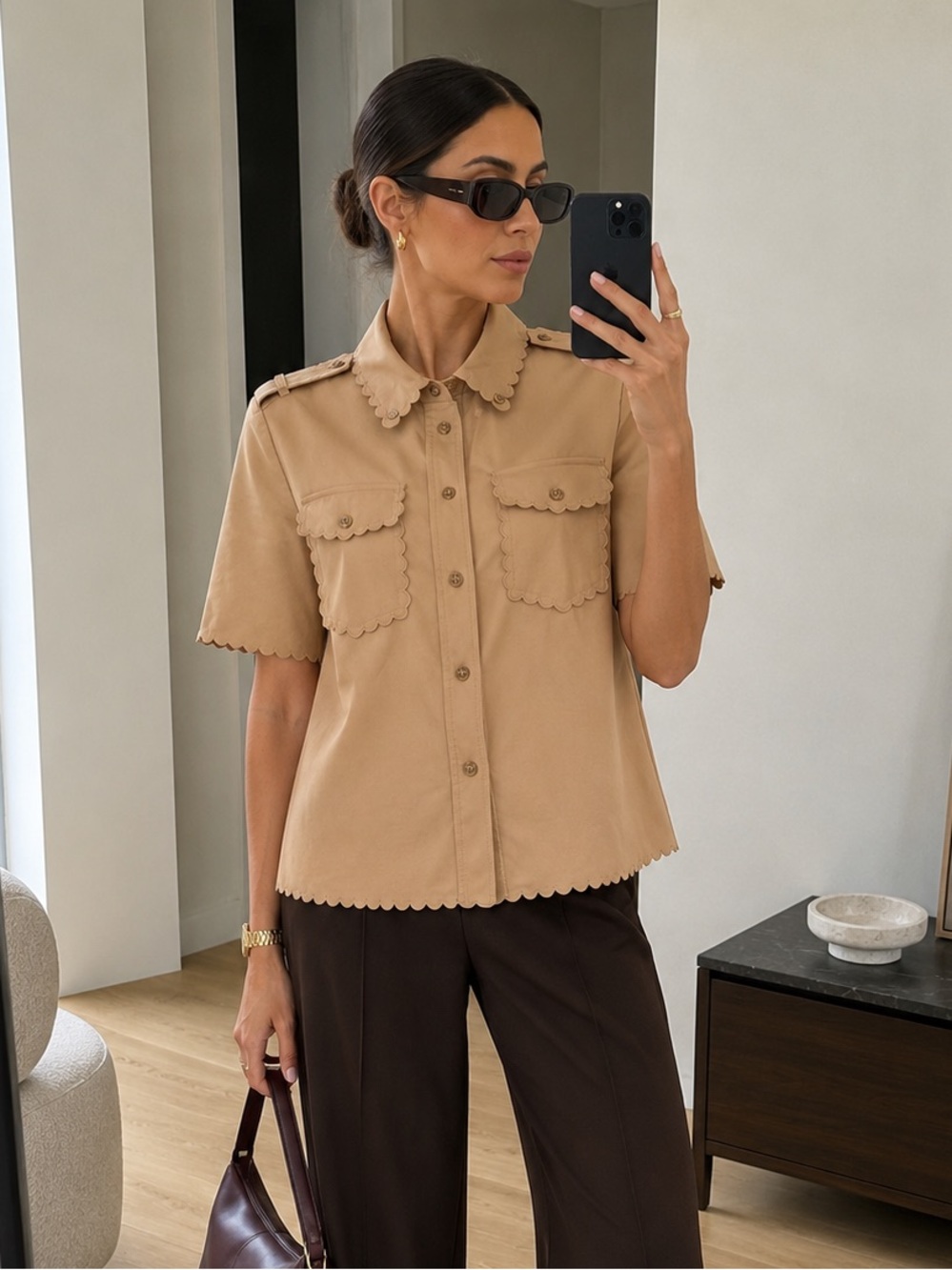 Tory Burch Scallop-Edge Military Shirt – Khaki Short Sleeve Size 8 Cotton Twill